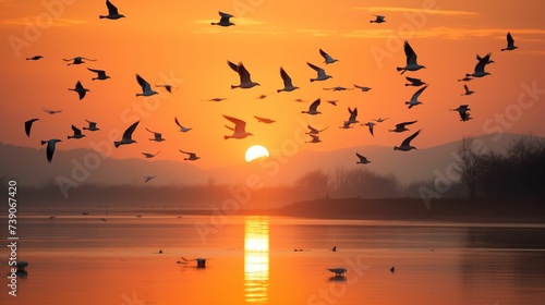 Image of a sunrise with a flying flock of birds. © kept