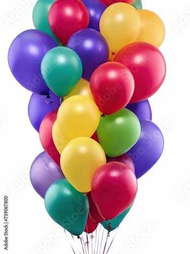 Purple, yellow and other balloons on a white background, positive mood, vertical arrangement