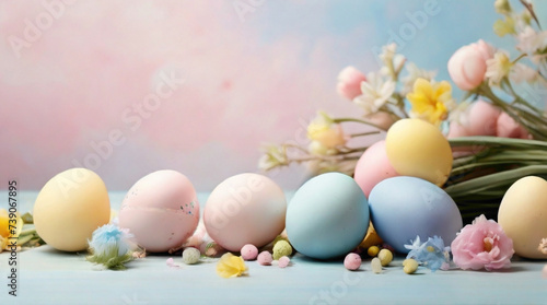 Easter background with text copy space in the middle with colorful golden lining embedded on the eggs background view 