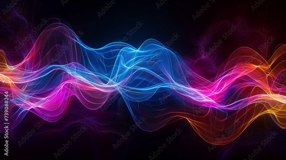 High definition digital art, Vibrant sound waves emanating from a central point, Dark background with neon colors, Emphasizing energy and rhythm - obrazy, fototapety, plakaty 
