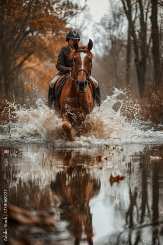 Professional Photography of a Horse and Rider Crossing a Shallow Stream or River, Generative AI © Giantdesign