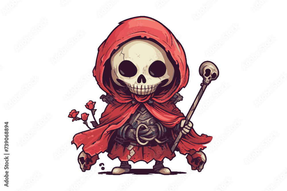 Cute cartoon grim reaper wearing red robe and holding a staff isolated on white background Cute cartoon grim reaper wearing red robe and holding a staff isolated on white background