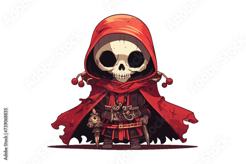 Cute cartoon grim reaper wearing red cape