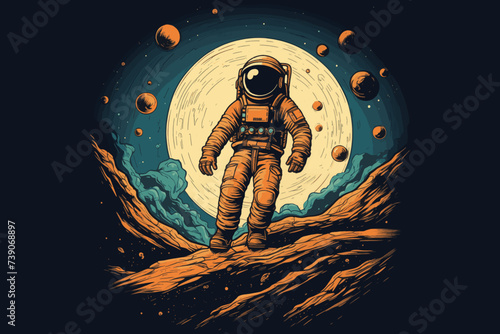 Vector illustration of astronaut helmet in outer space isolated on black.