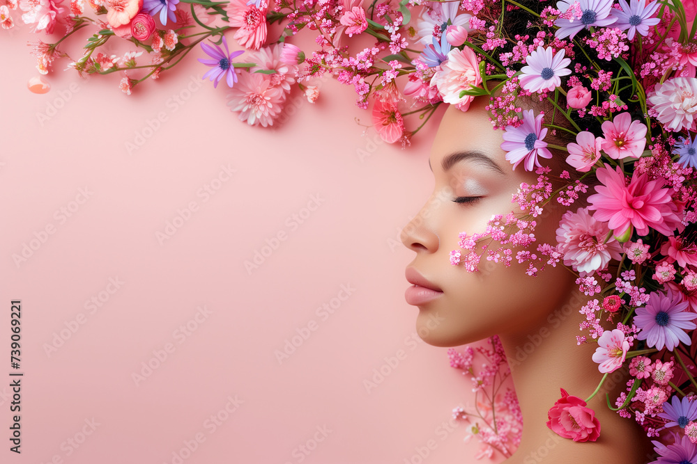 beautiful young woman with flower on head - banner for sale cosmetics beautiful young woman with flower on head - banner for sale cosmetics