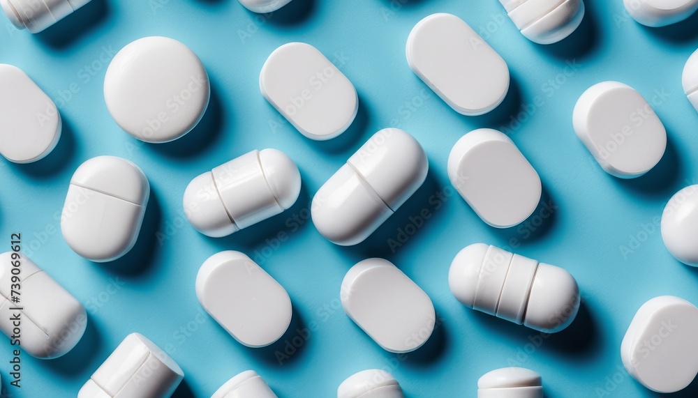 A collection of white capsules against a blue background A collection of white capsules against a blue background