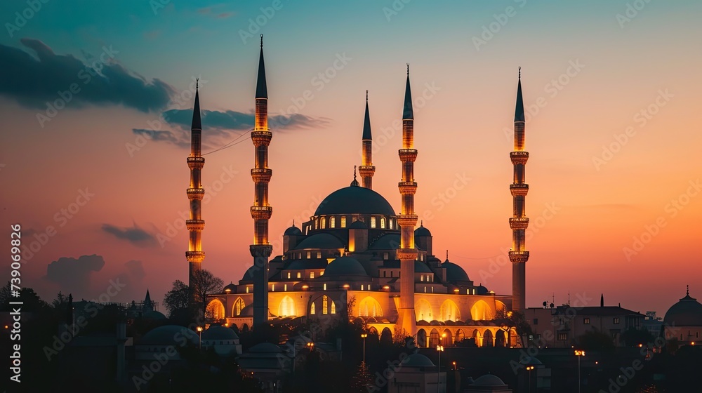 illuminated mosque against a twilight sky during Ramadan.