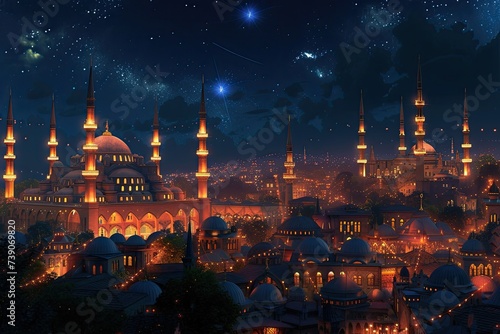 nighttime cityscape overlooking a large mosque brightly lit and decorated for Eid al-Fitr