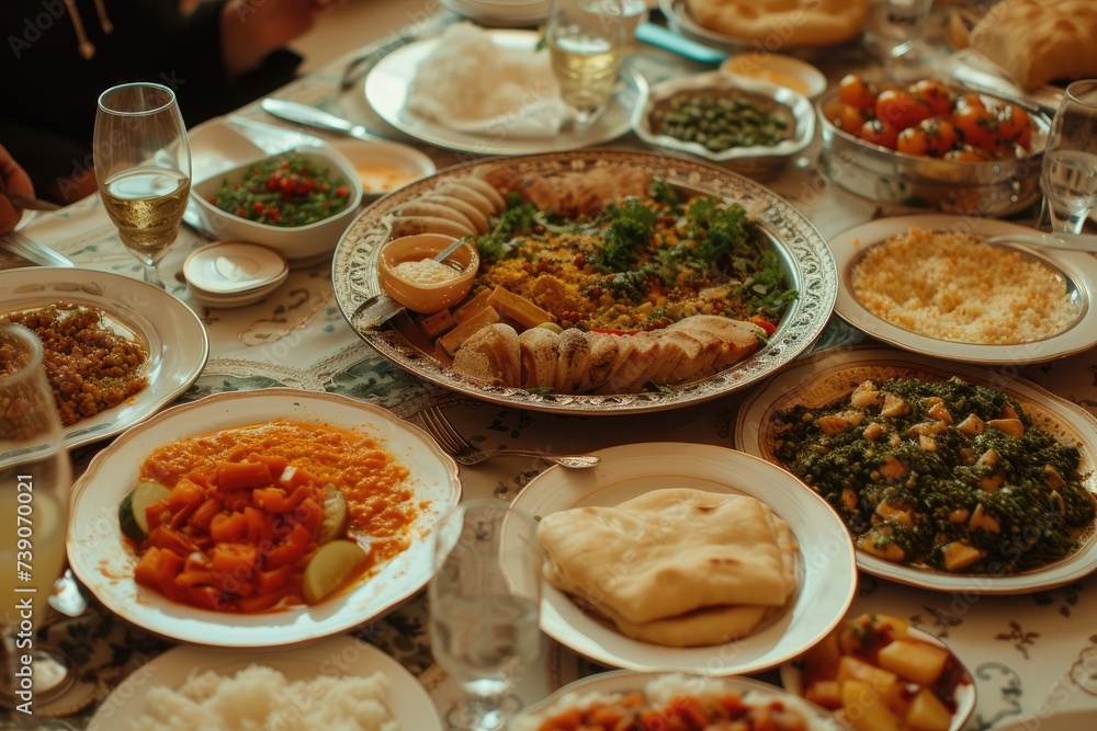 table spread with traditional Middle Eastern food for breaking the fast.