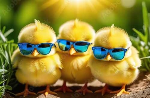 three yellow chicks with blue sunglasses bang, natural background, bright sun, young greenery. easter concept