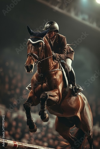 Professional Photography of a Horse and Rider Competing in a Thrilling Show Jumping Competition, Generative AI © Giantdesign