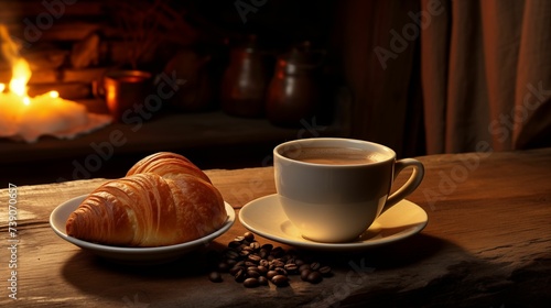 Image of cup of aromatic coffee with a freshly baked croissant.