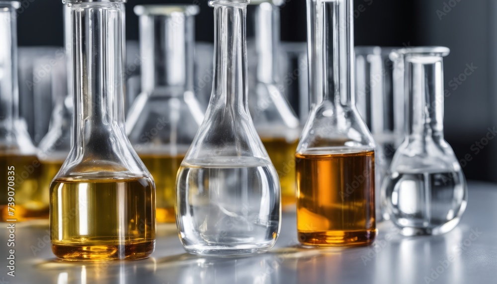 Clear glass flasks with varying levels of liquid Clear glass flasks with varying levels of liquid