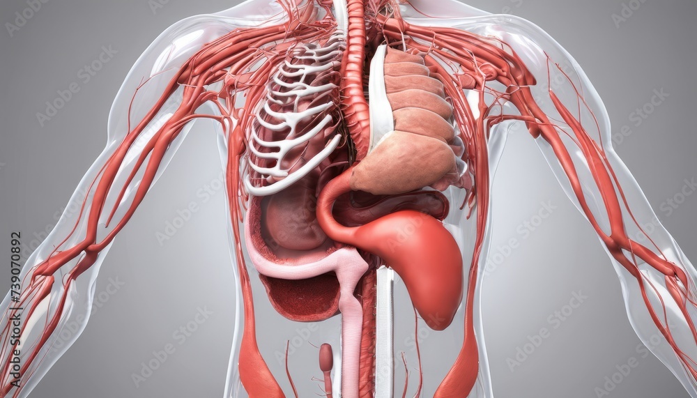 Anatomical 3D rendering of human torso with internal organs and ...