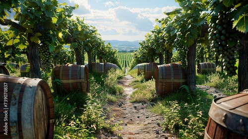 White wine with barrels in the vineyard