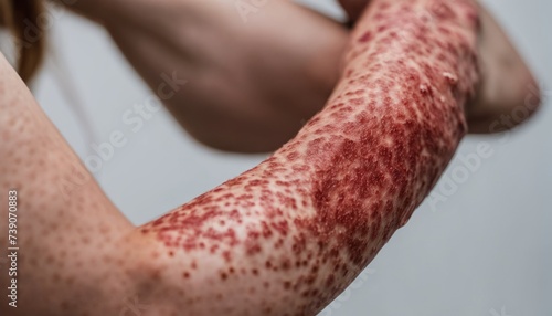  Close-up of a person's arm with a red rash or skin condition photo