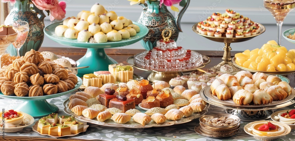 A lavish spread of delectable sweets and treats arranged on a beautifully decorated table, showcasing the rich culinary traditions of Eid celebrations.