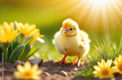 Tiny cute chicken between spring flowers, full of copy space, sun rays, seasonal panoramic background with copy space, easter holiday  © Kseniya Ananko
