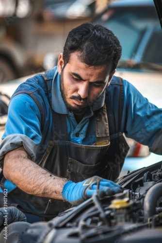 Middle Eastern mechanic working on car engine in auto repair shop