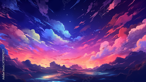 Cartoon illustration of beautiful colorful clouds in the night sky
