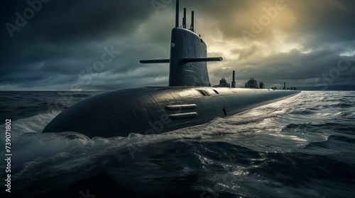 Image of heavy atomic submarine floating in the vast ocean.