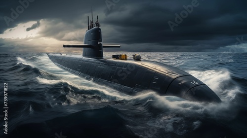 Image of heavy atomic submarine floating in the vast ocean.
