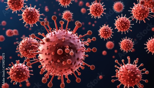  Viral particles in a microscopic view, illustrating the spread of a contagious disease