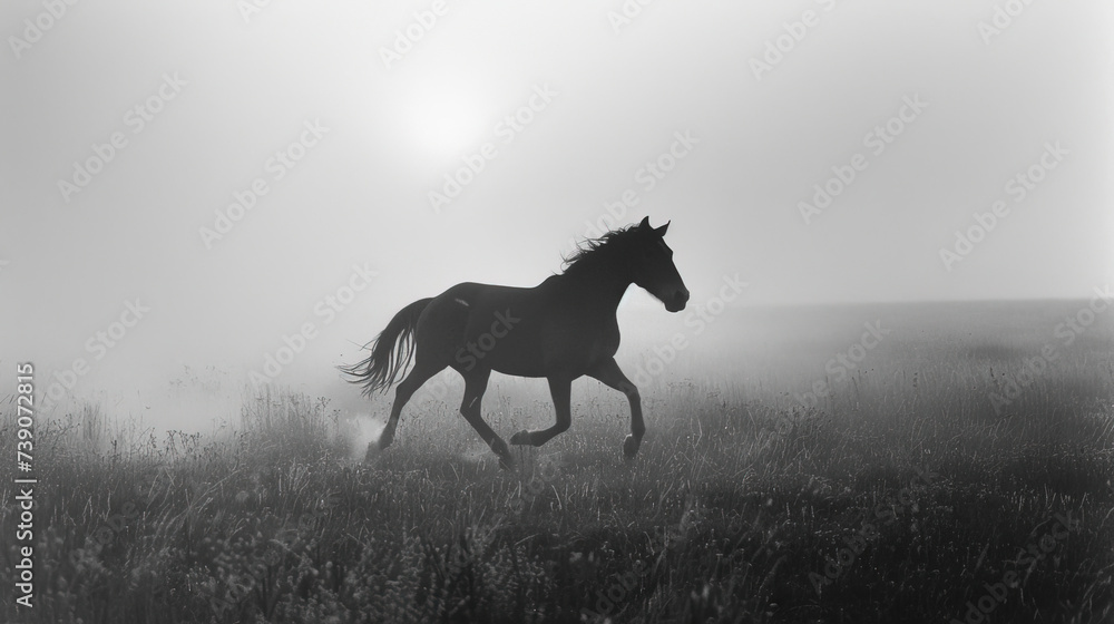 Graceful steed emerges through the mist, a vision of elegance in every stride. A majestic silhouette, dancing with the ethereal fog, embodies the enchantment of a misty morning's beauty.