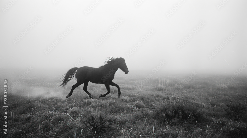 Graceful steed emerges through the mist, a vision of elegance in every stride. A majestic silhouette, dancing with the ethereal fog, embodies the enchantment of a misty morning's beauty. Graceful steed emerges through the mist, a vision of elegance in every stride. A majestic silhouette, dancing with the ethereal fog, embodies the enchantment of a misty morning's beauty.