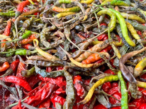 Cabe busuk, lombok merah busuk, rotten chili, cabe kering, dried peppers photo