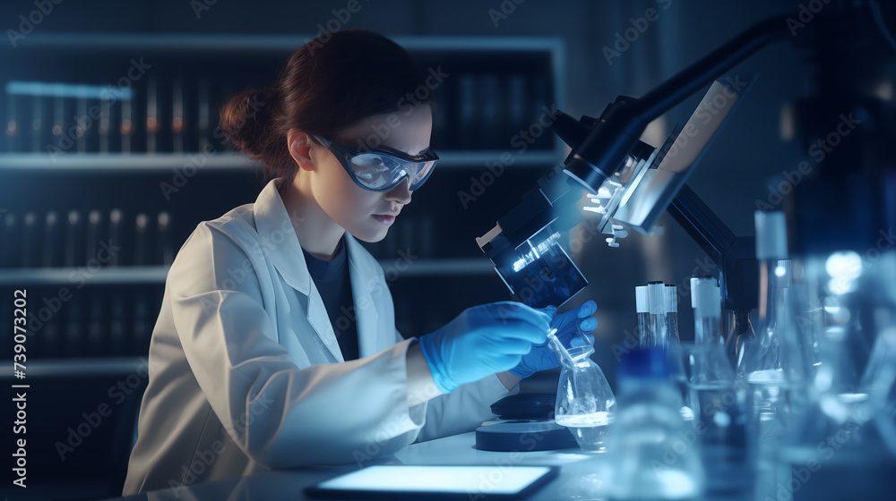 Female scientist examining samples under a microscope in a modern laboratory with a computer monitor, emphasizing digital research and medical work Female scientist examining samples under a microscope in a modern laboratory with a computer monitor, emphasizing digital research and medical work