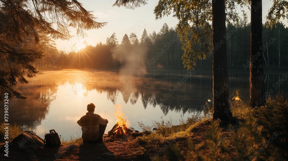 Image of man beside a campfire in the forest by a serene lake.