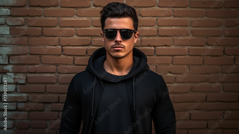 Image of man wearing a black hoodie and sunglasses. Image of man wearing a black hoodie and sunglasses.