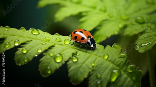Image of ladybug on a vibrant green leaf. © kept