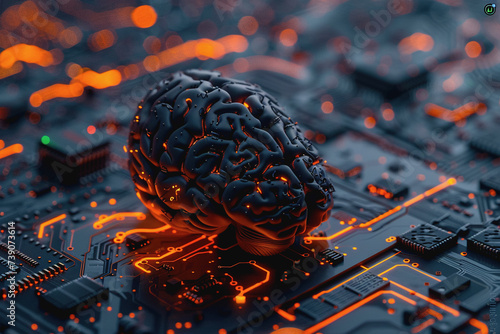 Circuit board with orange-black brain Suitable for technology and artificial intelligence concepts.