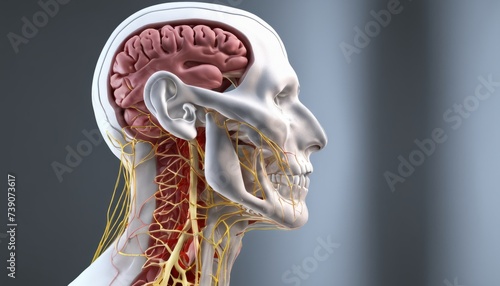  An anatomical illustration of a human head and neck, highlighting the nervous system photo