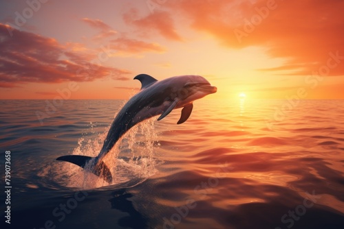 Dolphin jumping out of the water on sunset background
