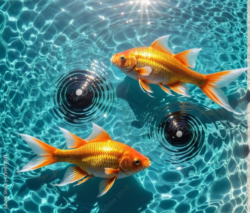 Naklejka premium Surreal, Top view, there are two golden fish made of foil on the sparkling white water, (( Yin and Yang Poses)) Find Balance an