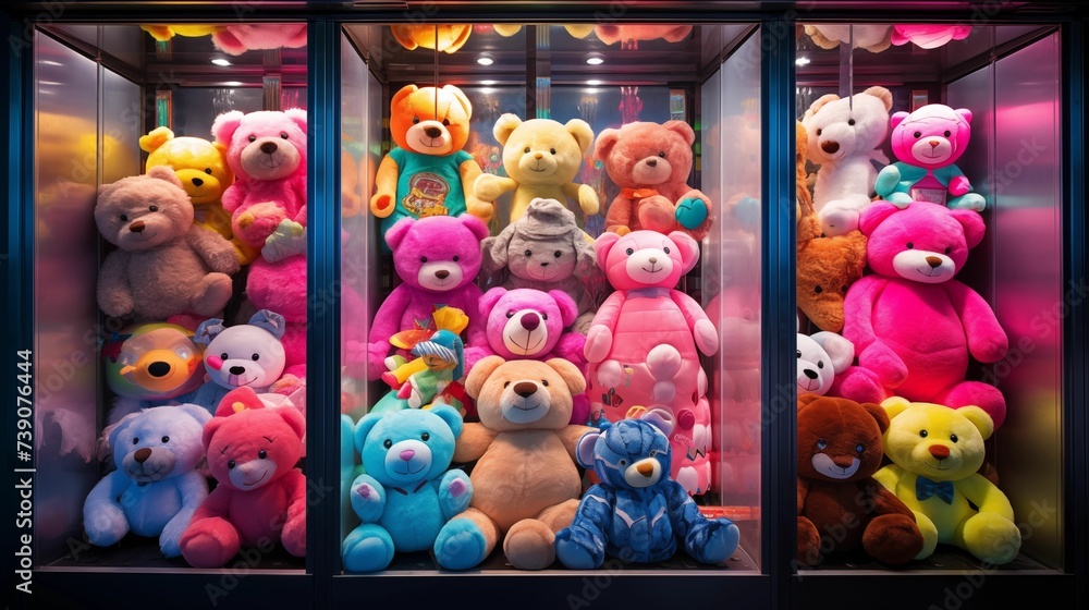 Image of soft toys inside a claw machine.