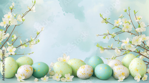 Group of pastel colored green and blue Easter eggs and blossoming twigs on a watercolor background. Happy Easter banner with copy space
