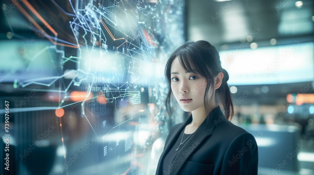 Fotografie デジタルスクリーンに向かいマルチモーダルAIを活用している女性