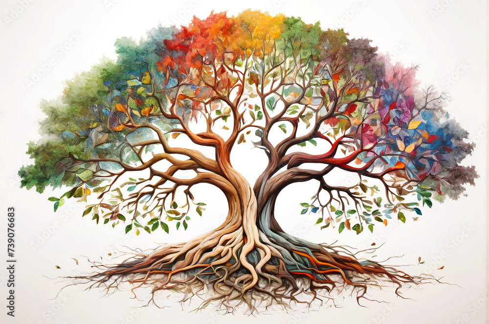 A unique and diverse large tree on white background, its leaves a kaleidoscope of colors, each one a masterpiece in itself, a true work of art in nature's canvas - obrazy, fototapety, plakaty 