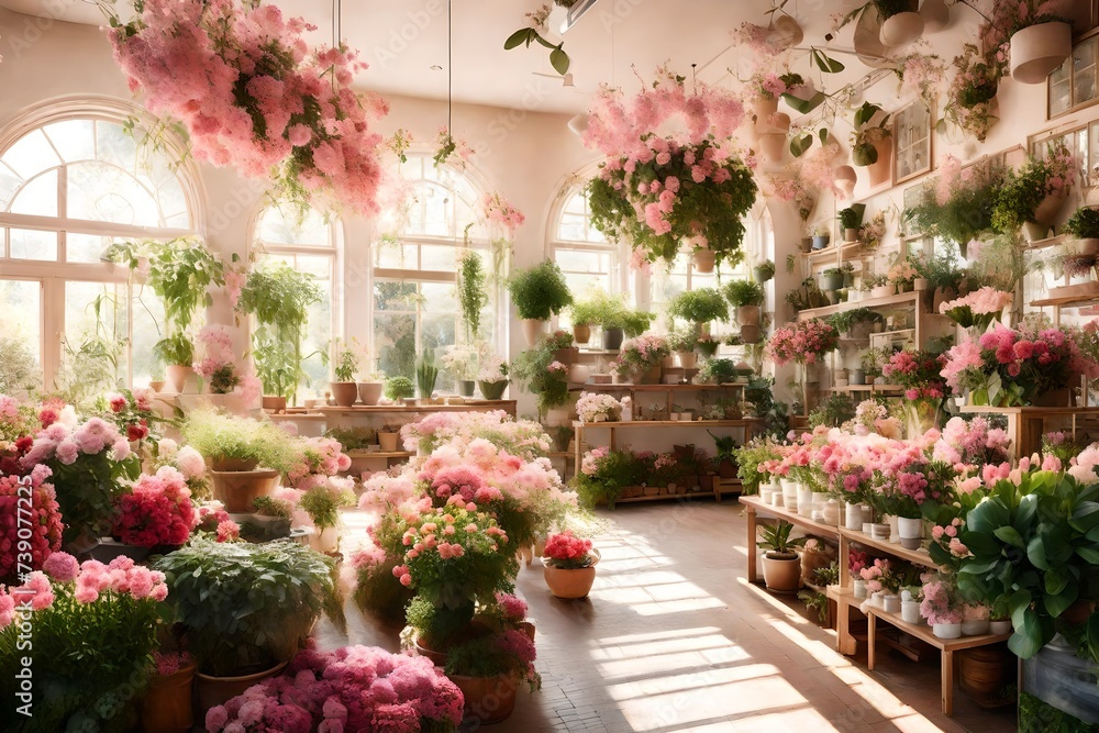 A dreamy, sun-drenched interior of a flower shop filled with an abundant variety of pink flowers and lush greenery in a serene setting