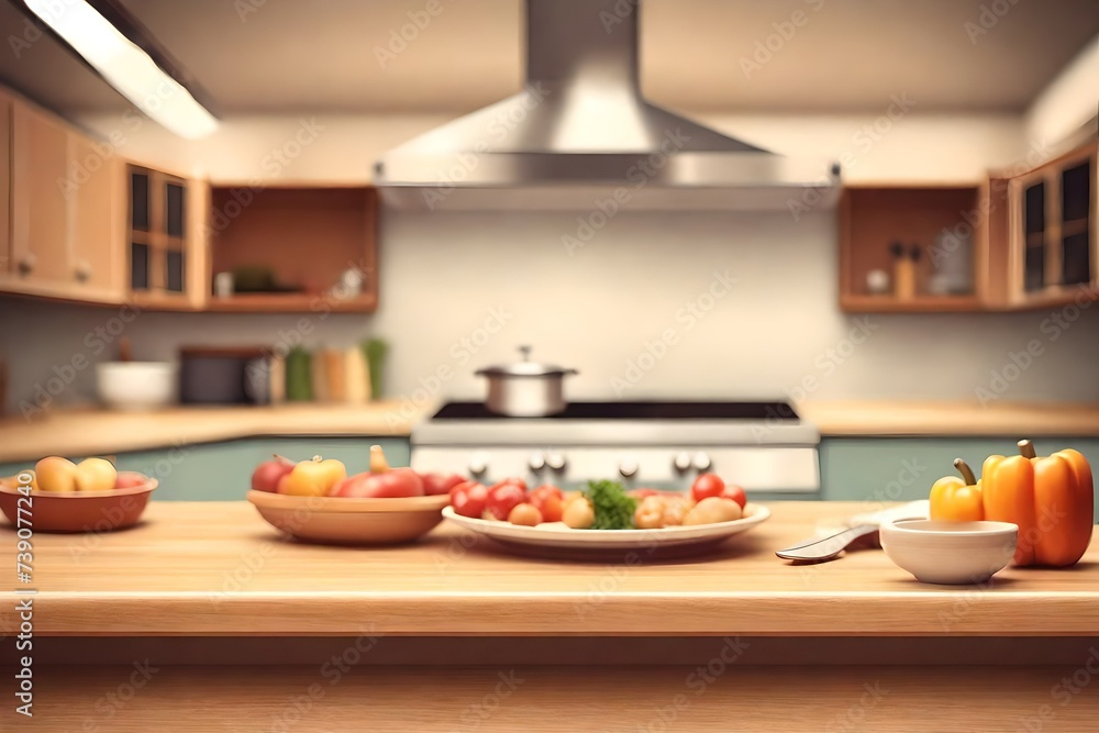 Table top on defocused kitchen background Table top on defocused kitchen background
