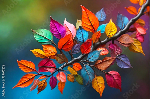 A unique and diverse tree branch, its leaves a kaleidoscope of colors, each one a masterpiece in itself, a true work of art in nature's canvas