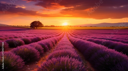 Lavender field in the warm hues of a vibrant sunset.