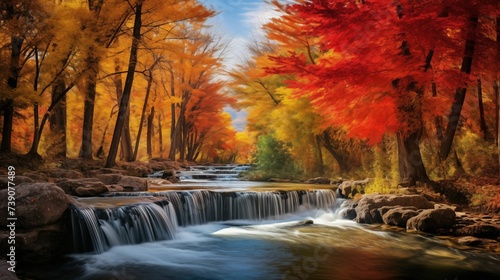 Majestic waterfall surrounded by vibrant and colorful autumn leaves.
