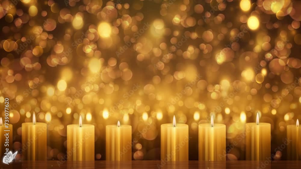 light decoration with golden candle and blurred glittery background. golden abstract background with candles. seamless looping overlay 4k virtual video animation background light decoration with golden candle and blurred glittery background. golden abstract background with candles. seamless looping overlay 4k virtual video animation background