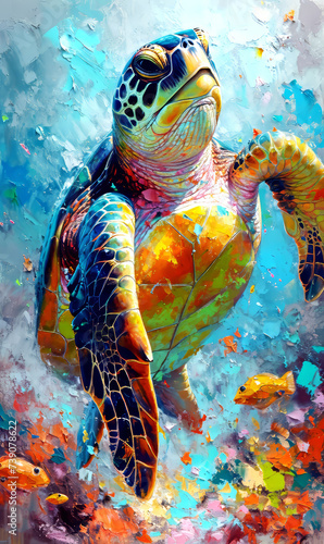 Turtle on the background of a colorful oil painting. Illustration