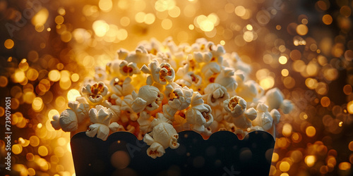 A delicious freshly popped popcorn on a table with golden glitter blur background photo